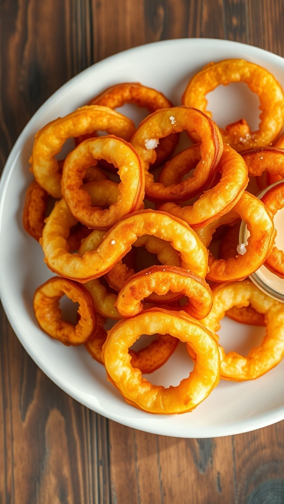 A plate of golden crispy onion ring chips with a dipping sauce on a wooden table.